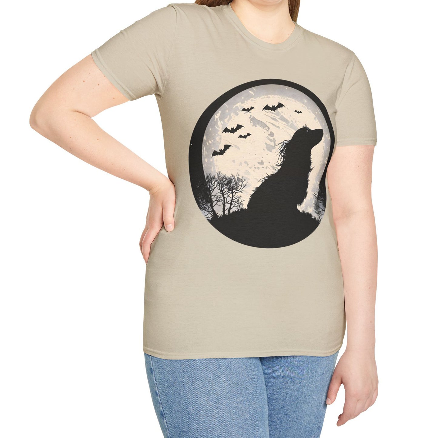 "Moon Glow" Long-Haired Dachshund Halloween Unisex Softstyle T-Shirt