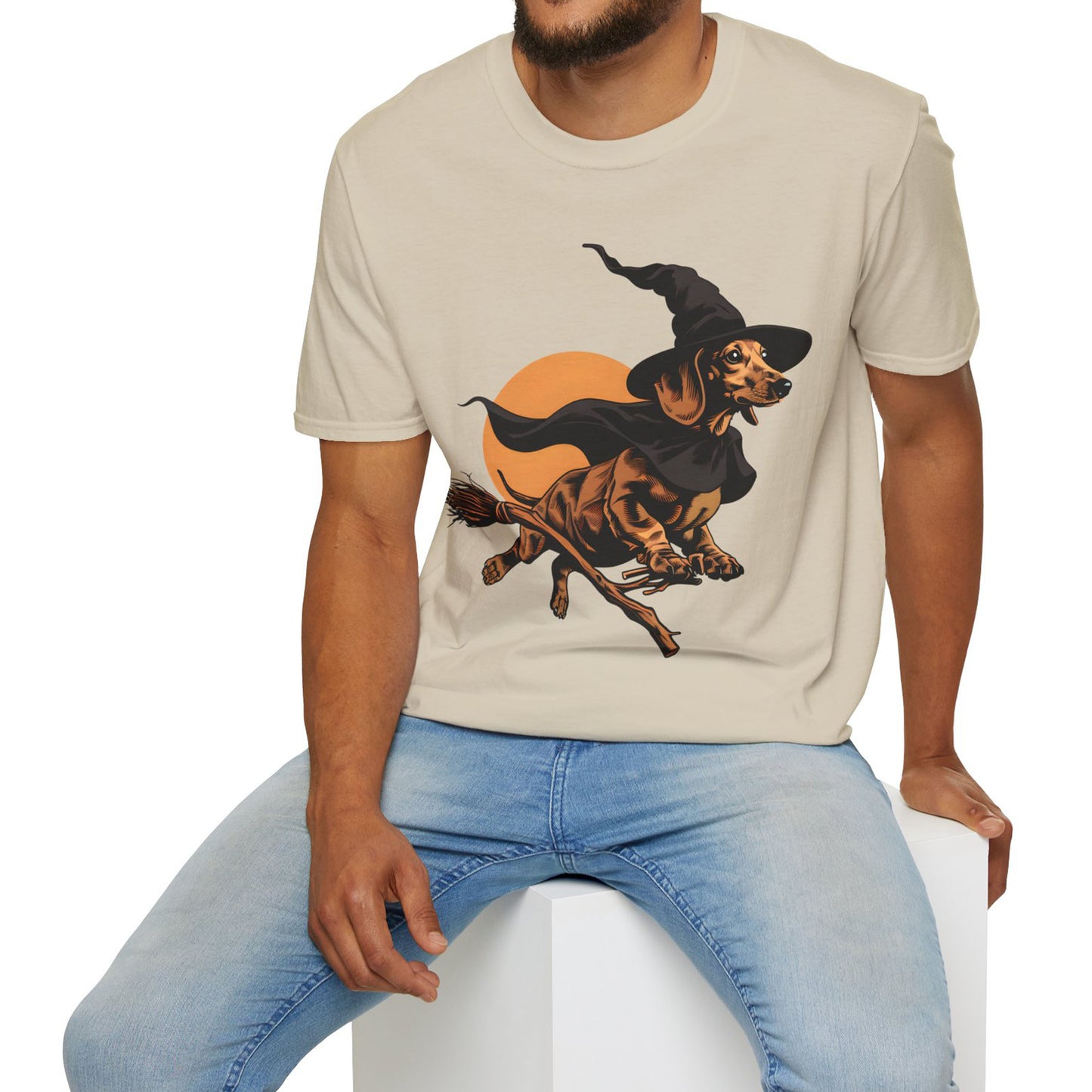 "Take Flight" Tan Smooth-Haired Dachshund Halloween Unisex Softstyle T-Shirt