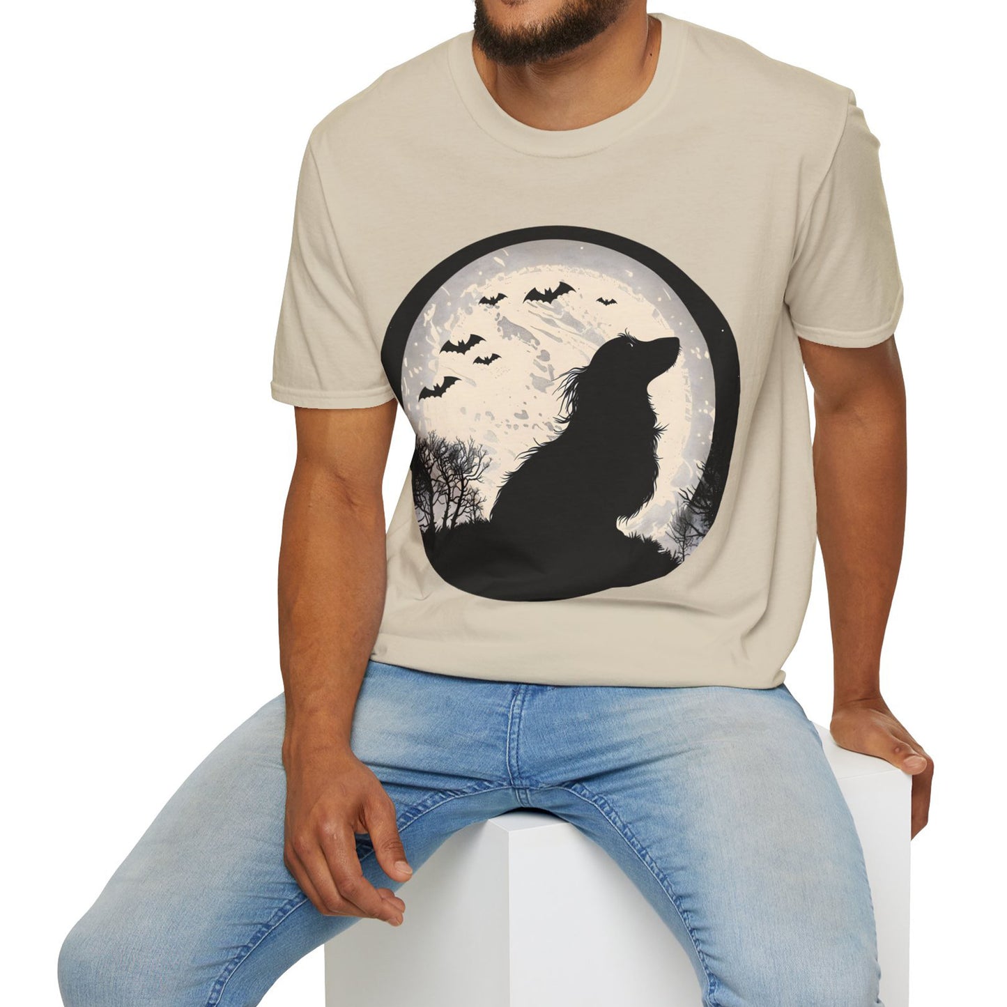 "Moon Glow" Long-Haired Dachshund Halloween Unisex Softstyle T-Shirt