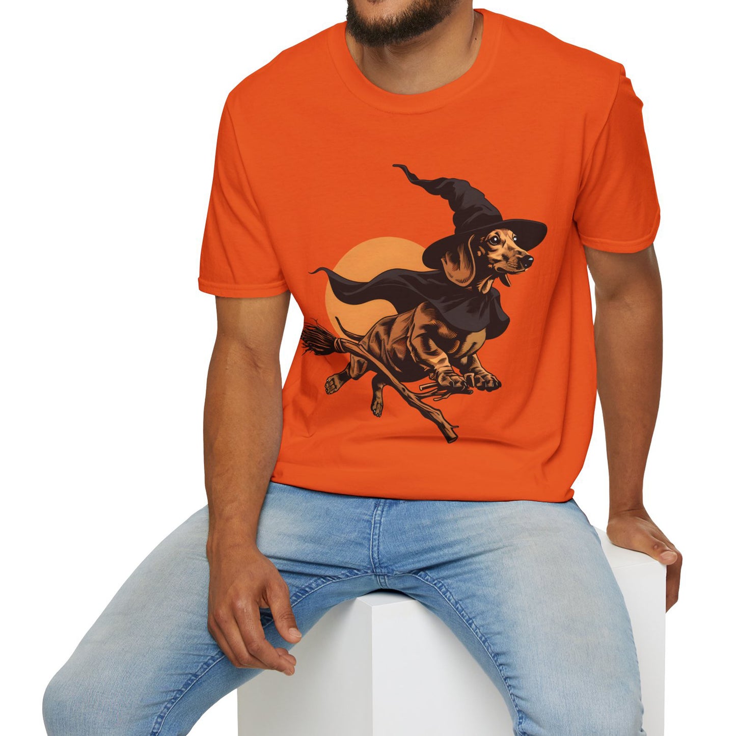 "Take Flight" Tan Smooth-Haired Dachshund Halloween Unisex Softstyle T-Shirt