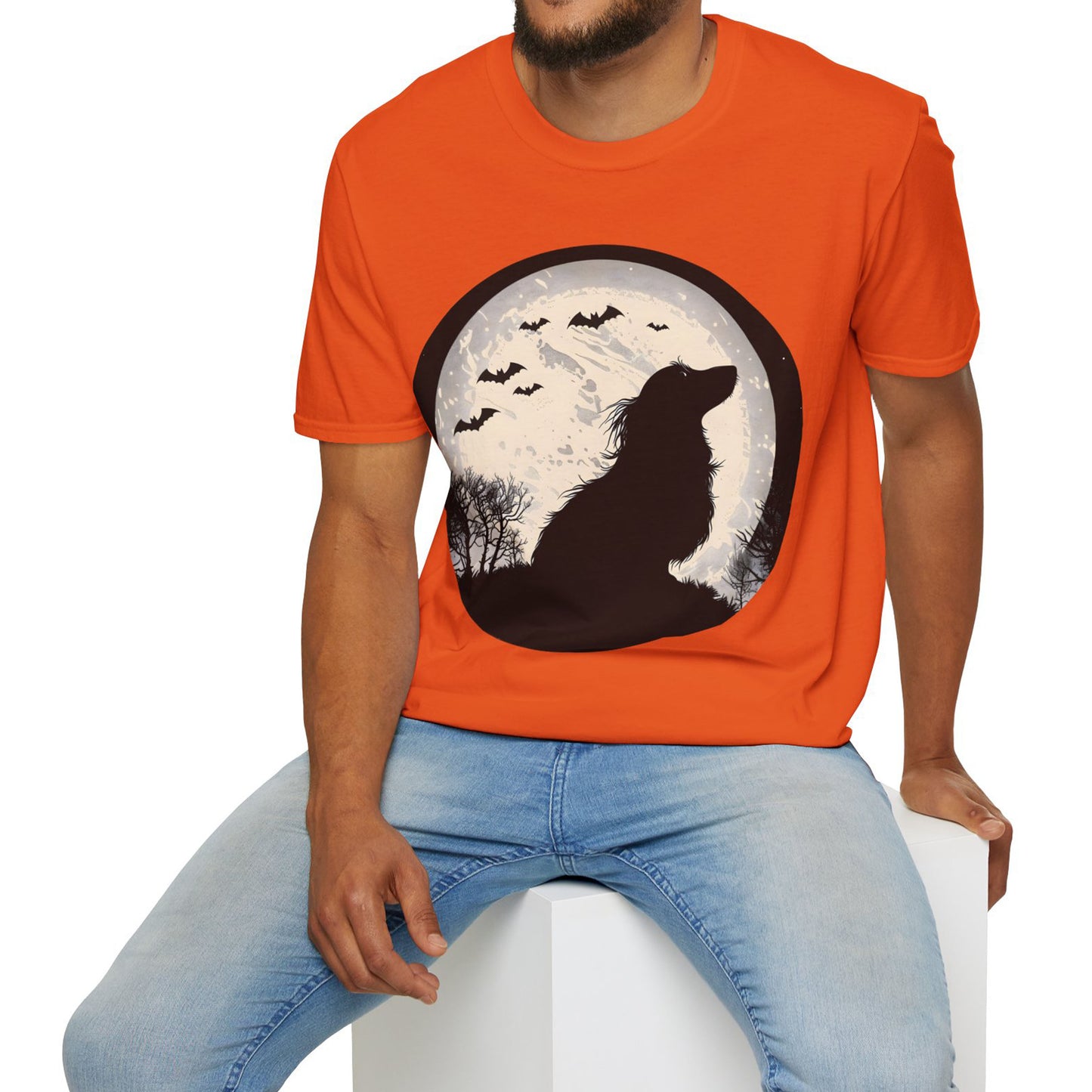 "Moon Glow" Long-Haired Dachshund Halloween Unisex Softstyle T-Shirt