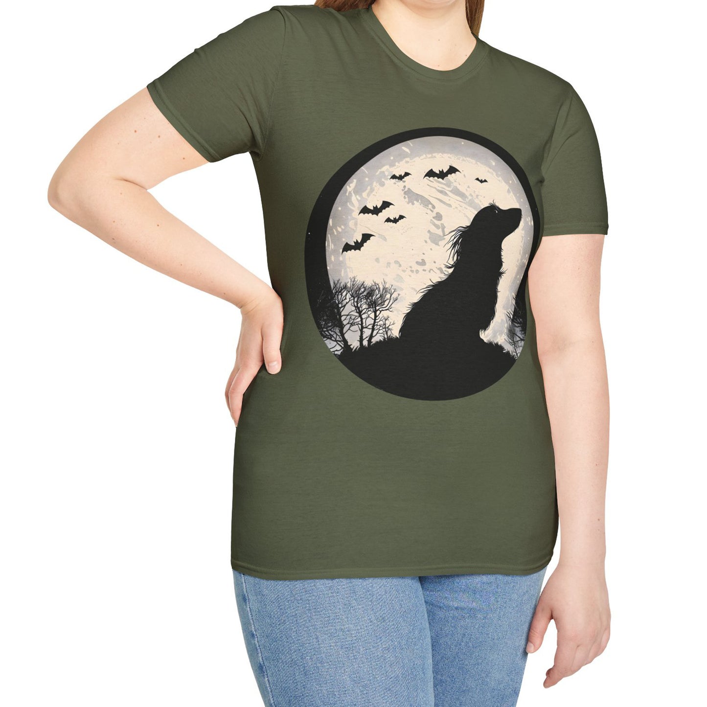 "Moon Glow" Long-Haired Dachshund Halloween Unisex Softstyle T-Shirt
