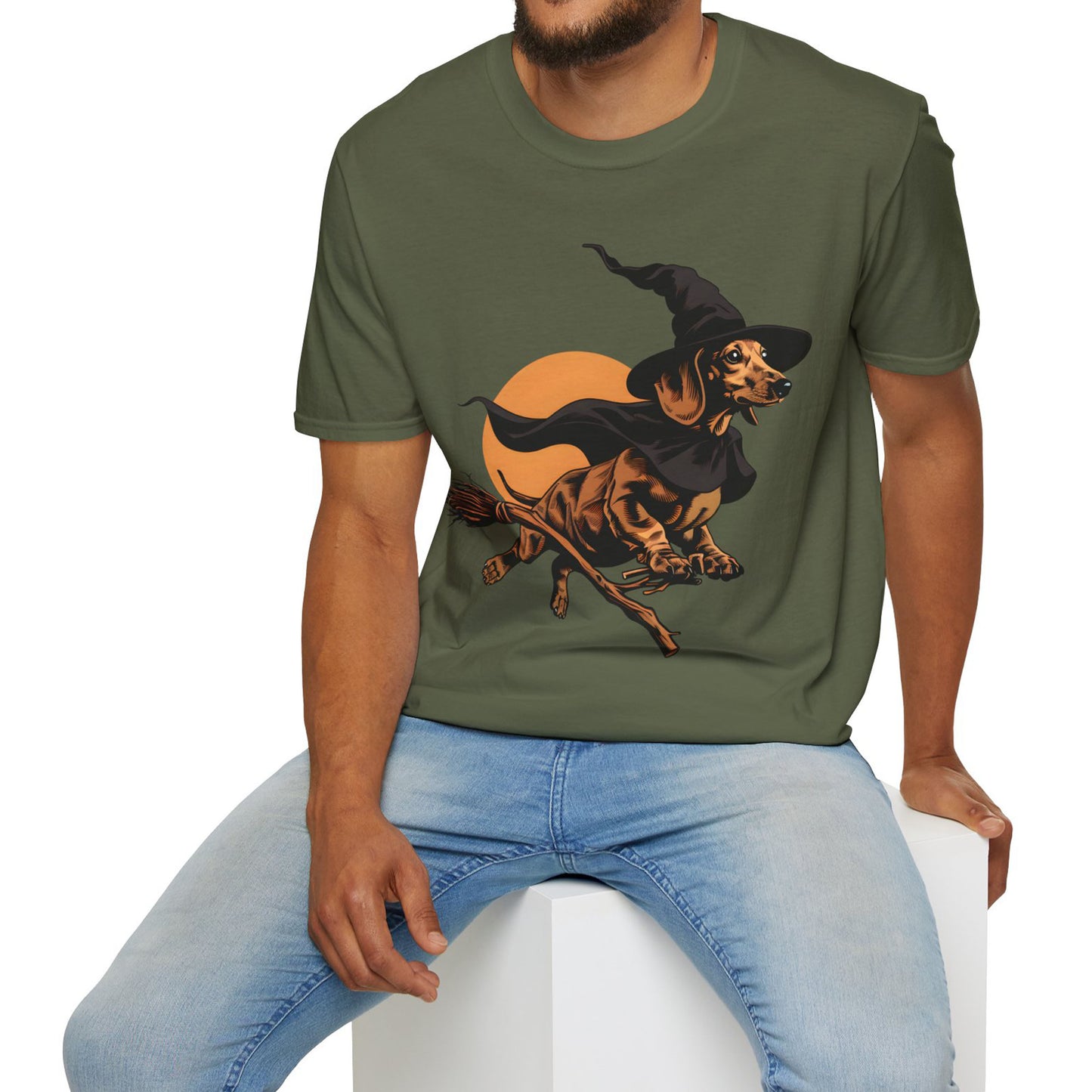 "Take Flight" Tan Smooth-Haired Dachshund Halloween Unisex Softstyle T-Shirt