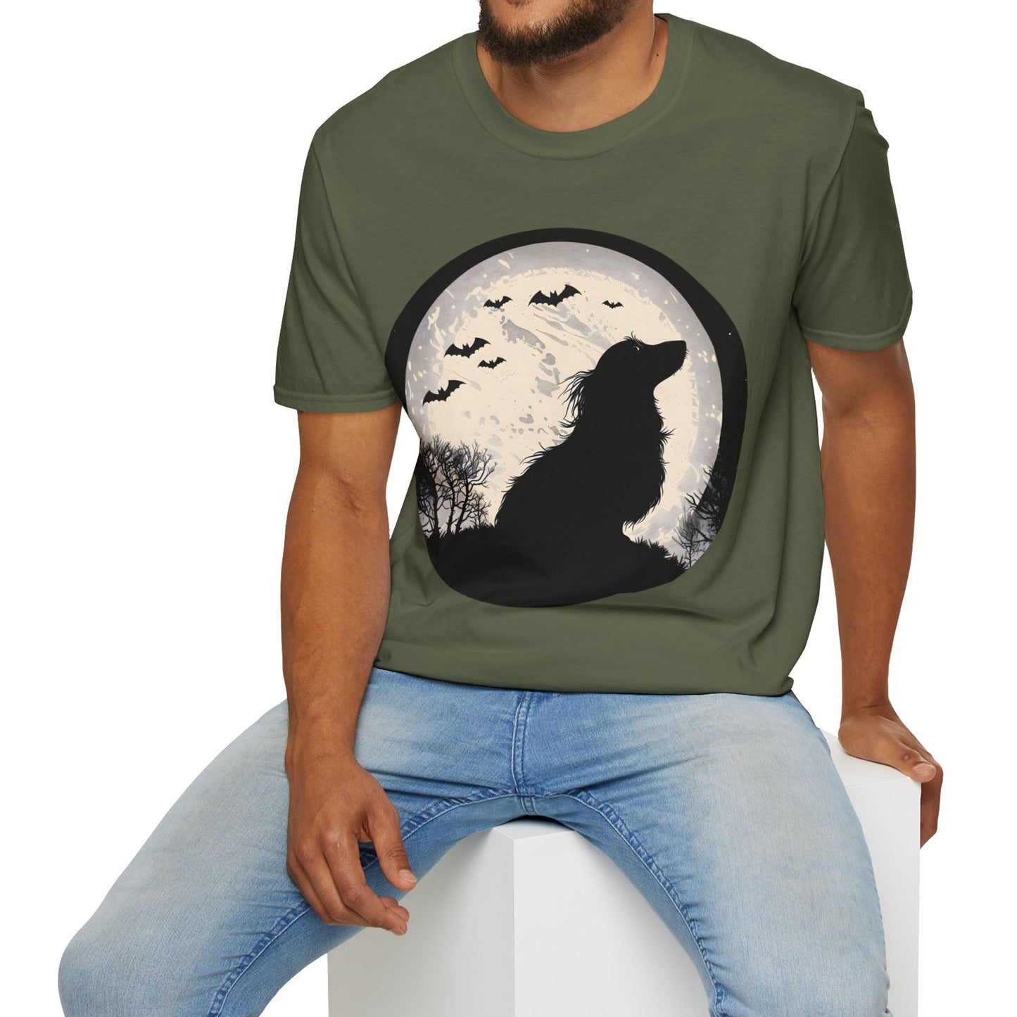 "Moon Glow" Long-Haired Dachshund Halloween Unisex Softstyle T-Shirt