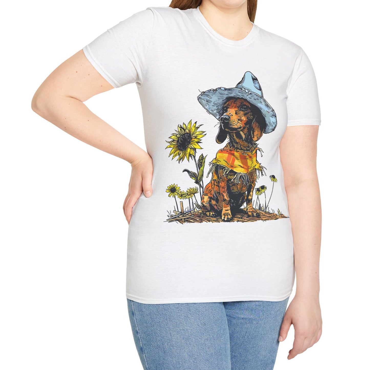 "Sunflowers" Tan Smooth-Haired Dachshund Unisex Softstyle T-Shirt