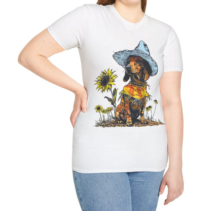 "Sunflowers" Tan Smooth-Haired Dachshund Unisex Softstyle T-Shirt