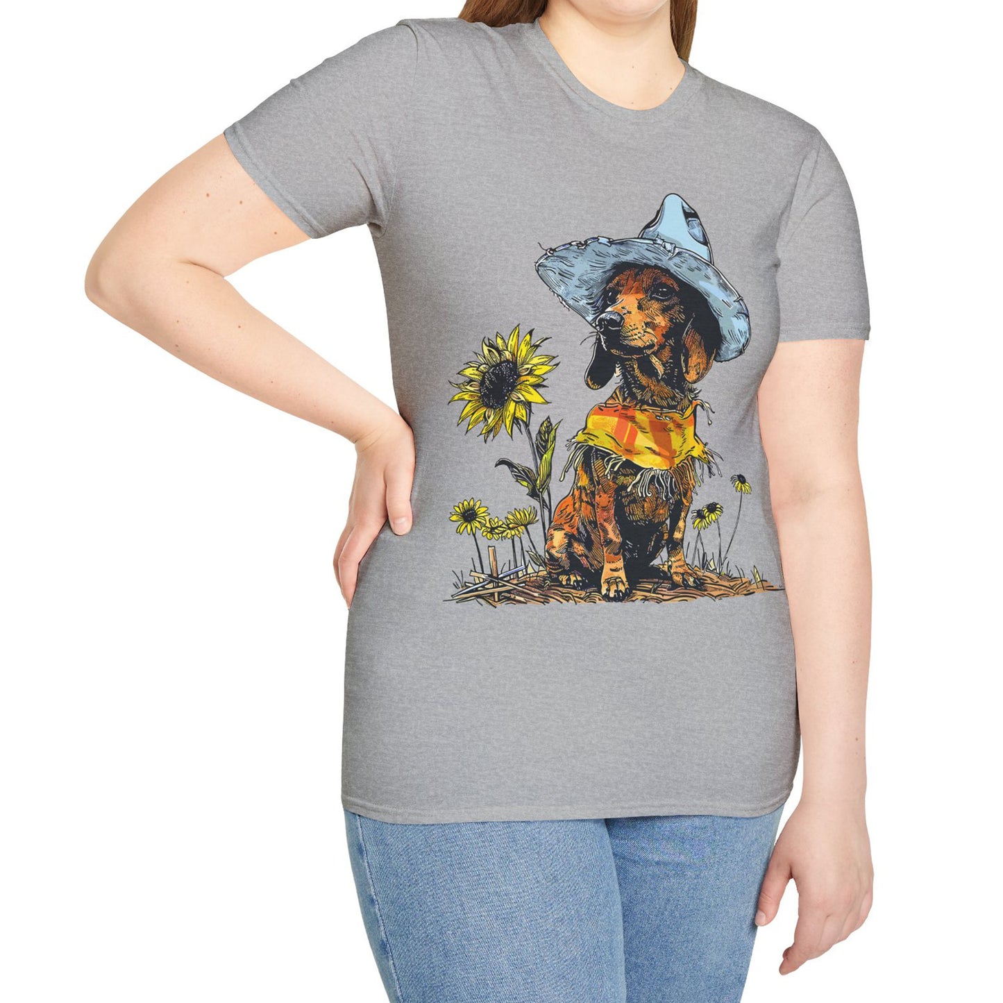 "Sunflowers" Tan Smooth-Haired Dachshund Unisex Softstyle T-Shirt