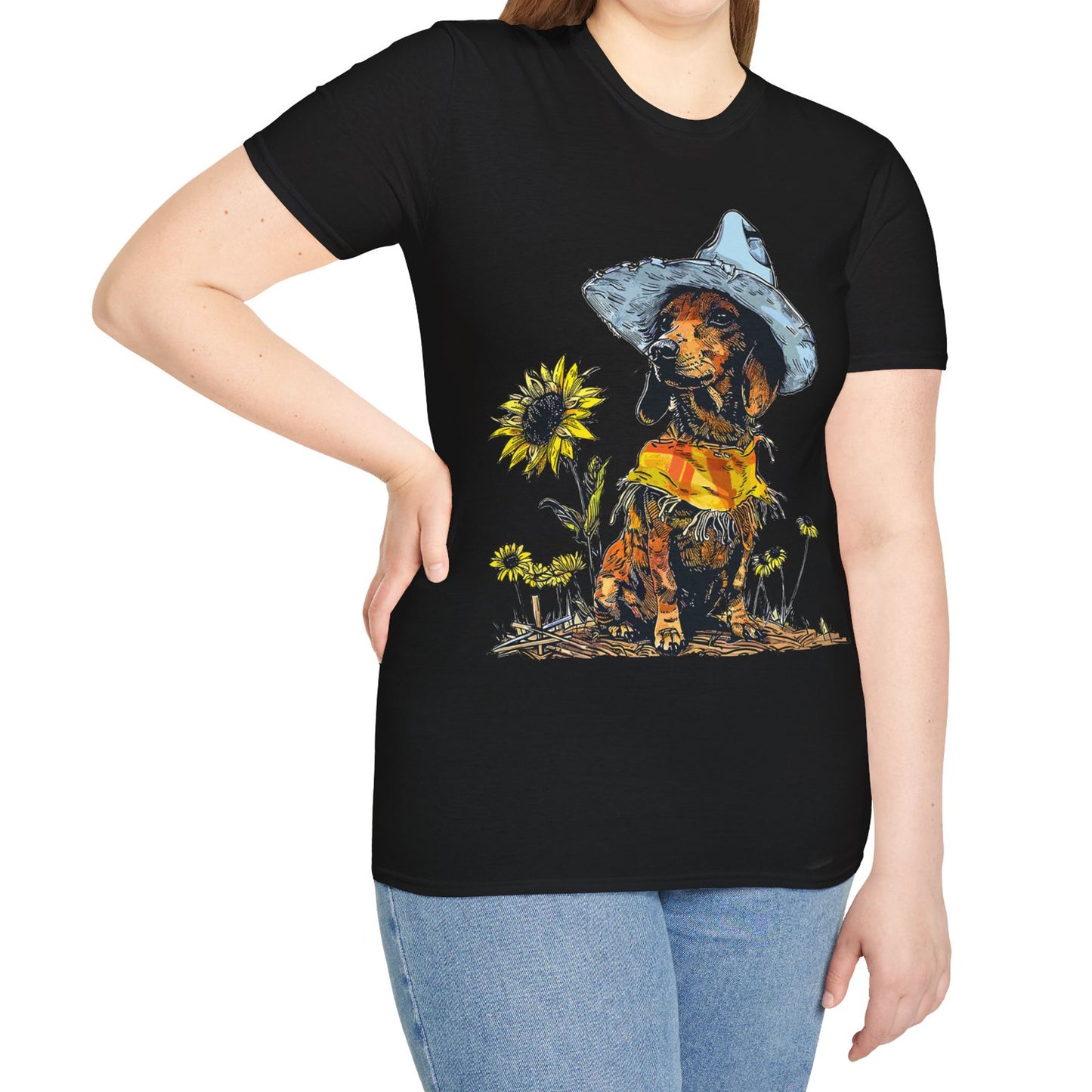 "Sunflowers" Tan Smooth-Haired Dachshund Unisex Softstyle T-Shirt