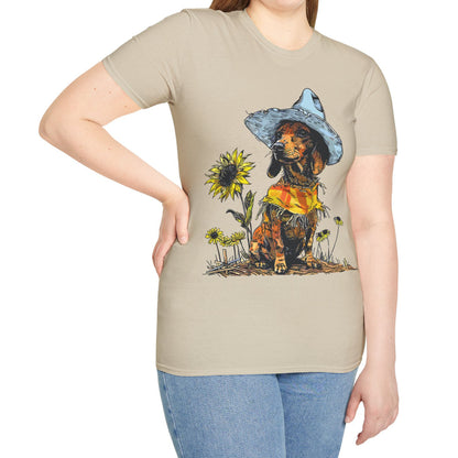 "Sunflowers" Tan Smooth-Haired Dachshund Unisex Softstyle T-Shirt