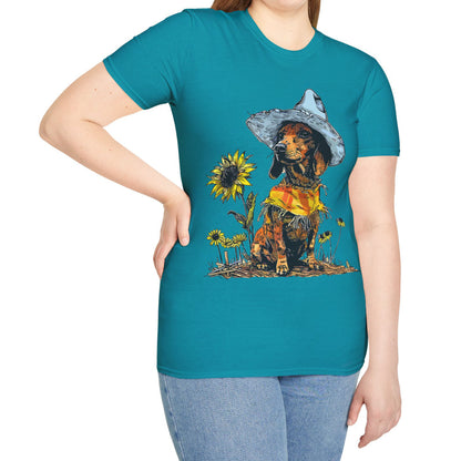 "Sunflowers" Tan Smooth-Haired Dachshund Unisex Softstyle T-Shirt