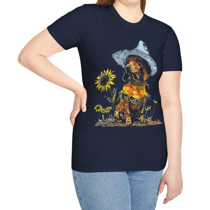 "Sunflowers" Tan Smooth-Haired Dachshund Unisex Softstyle T-Shirt