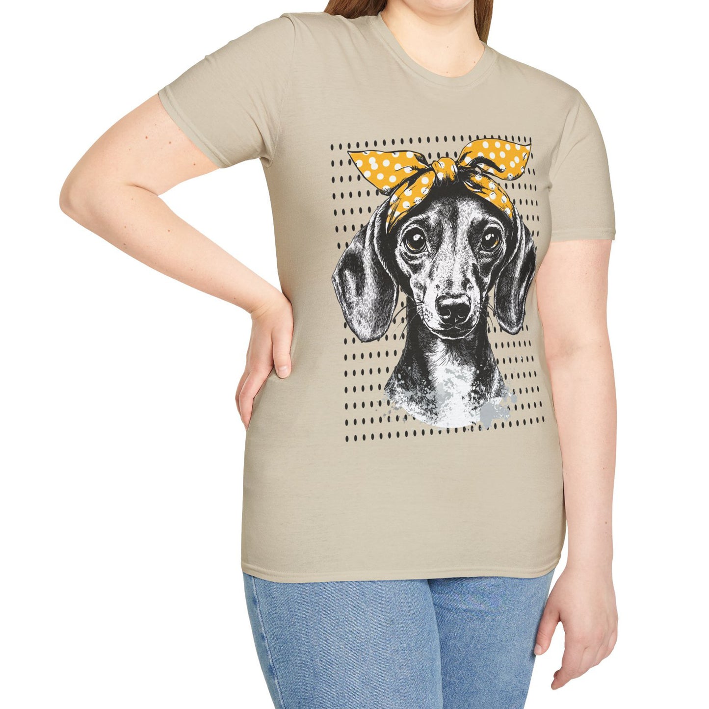"Let's Polka" Tan Smooth-Haired Dachshund Unisex Softstyle T-Shirt
