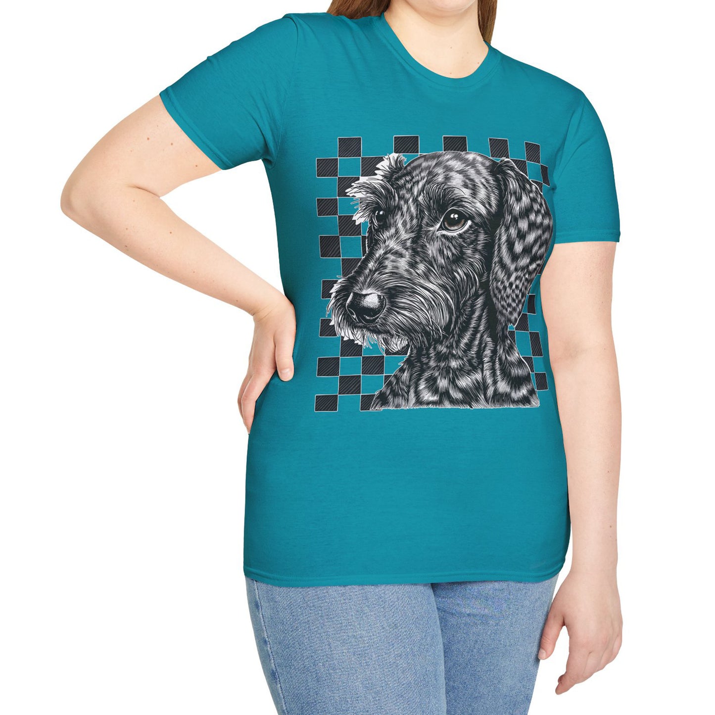 "Wired Check" Wire-Haired Dachshund Unisex Softstyle T-Shirt