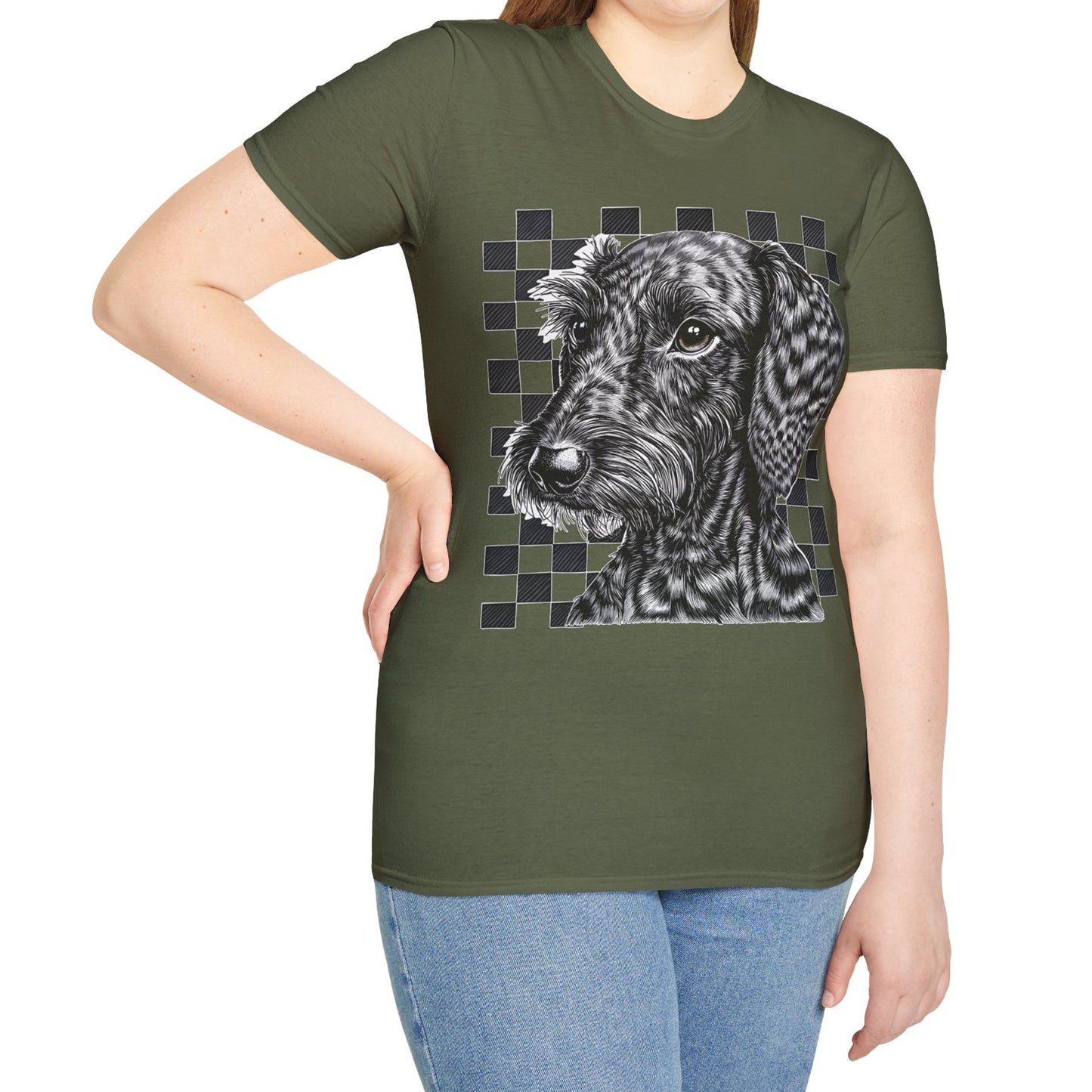 "Wired Check" Wire-Haired Dachshund Unisex Softstyle T-Shirt