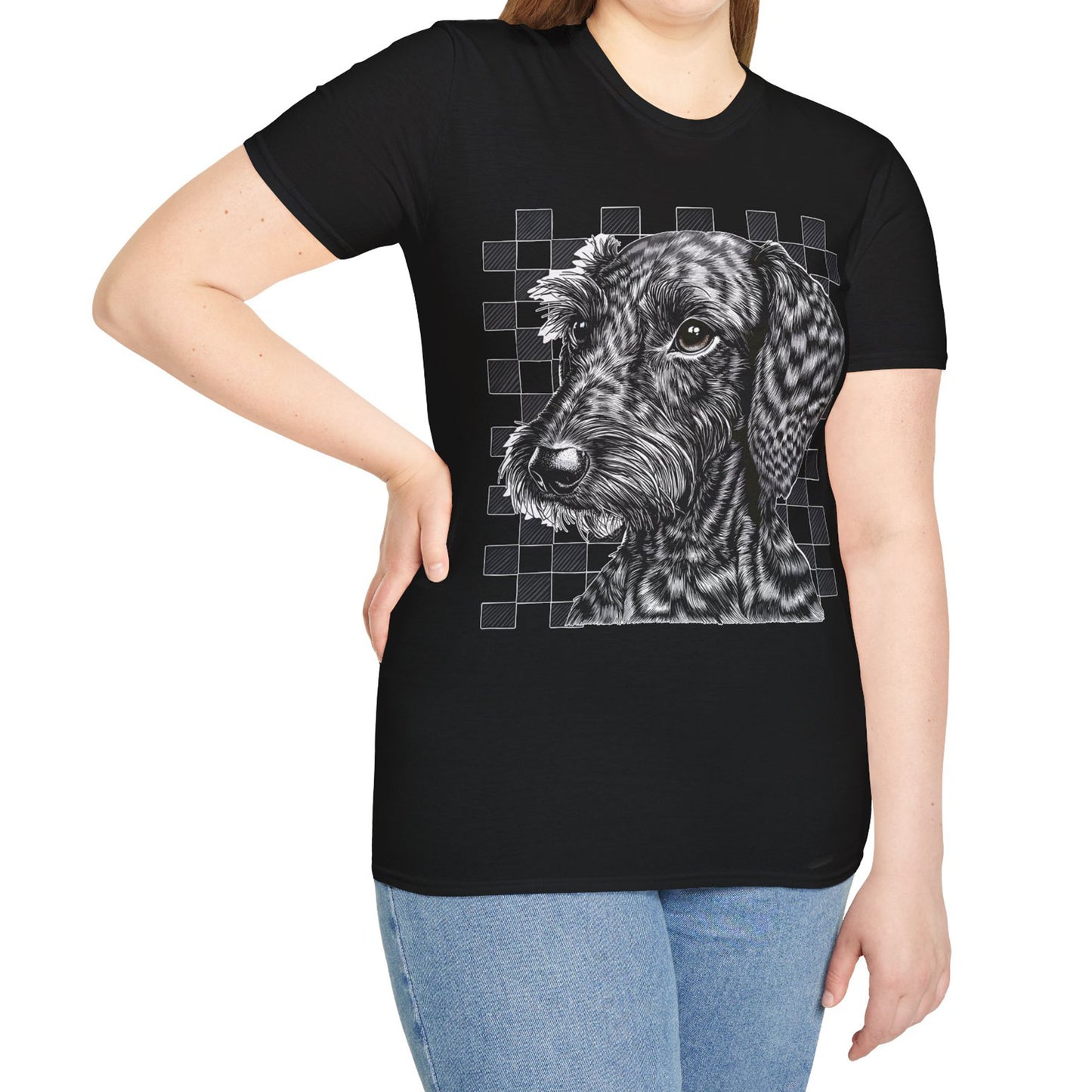 "Wired Check" Wire-Haired Dachshund Unisex Softstyle T-Shirt