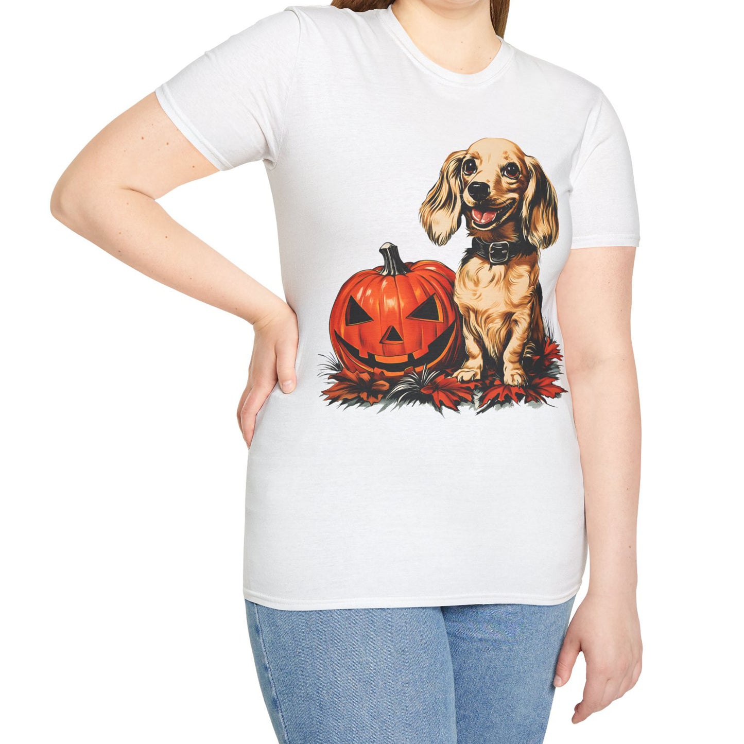 "Shiny" Cream-Colored Long-Haired Dachshund Halloween Unisex Softstyle T-Shirt