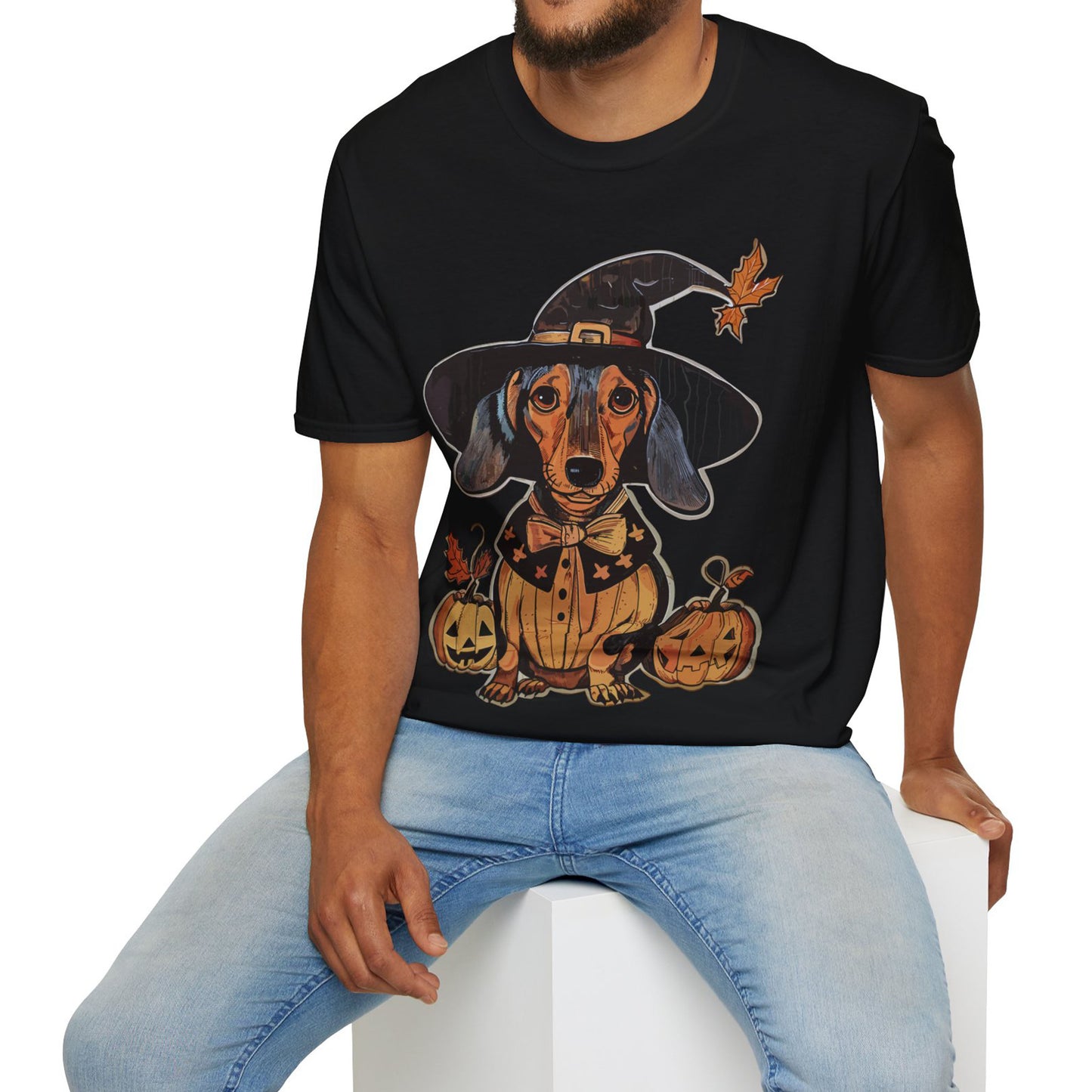 "All Dressed Up" Smooth-Haired Dachshund Halloween Unisex Softstyle T-Shirt
