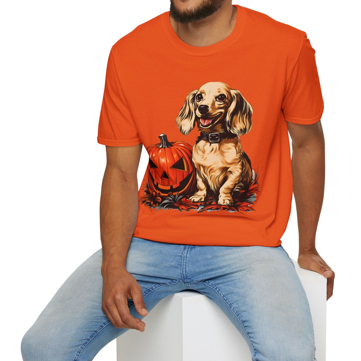 "Shiny" Cream-Colored Long-Haired Dachshund Halloween Unisex Softstyle T-Shirt