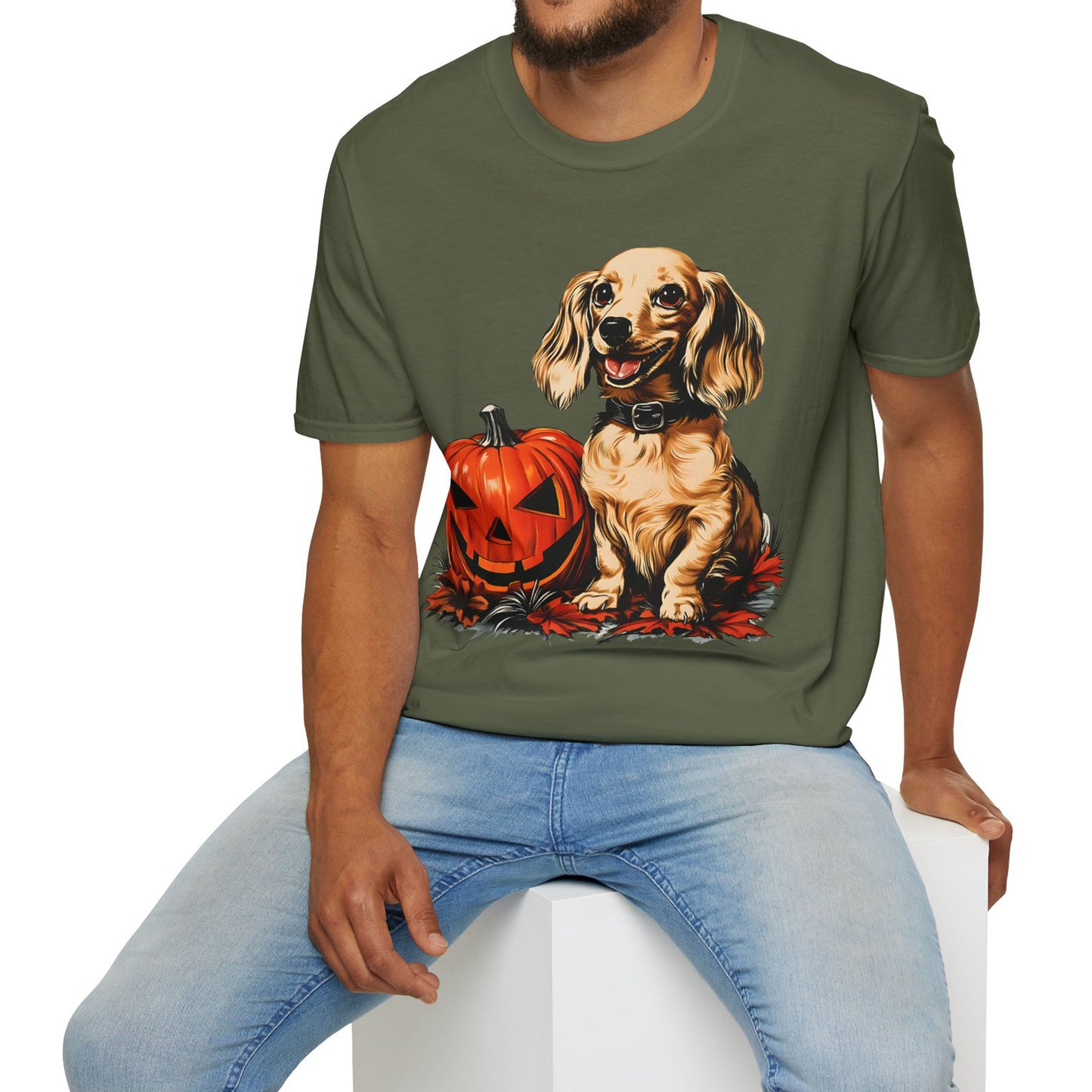 "Shiny" Cream-Colored Long-Haired Dachshund Halloween Unisex Softstyle T-Shirt
