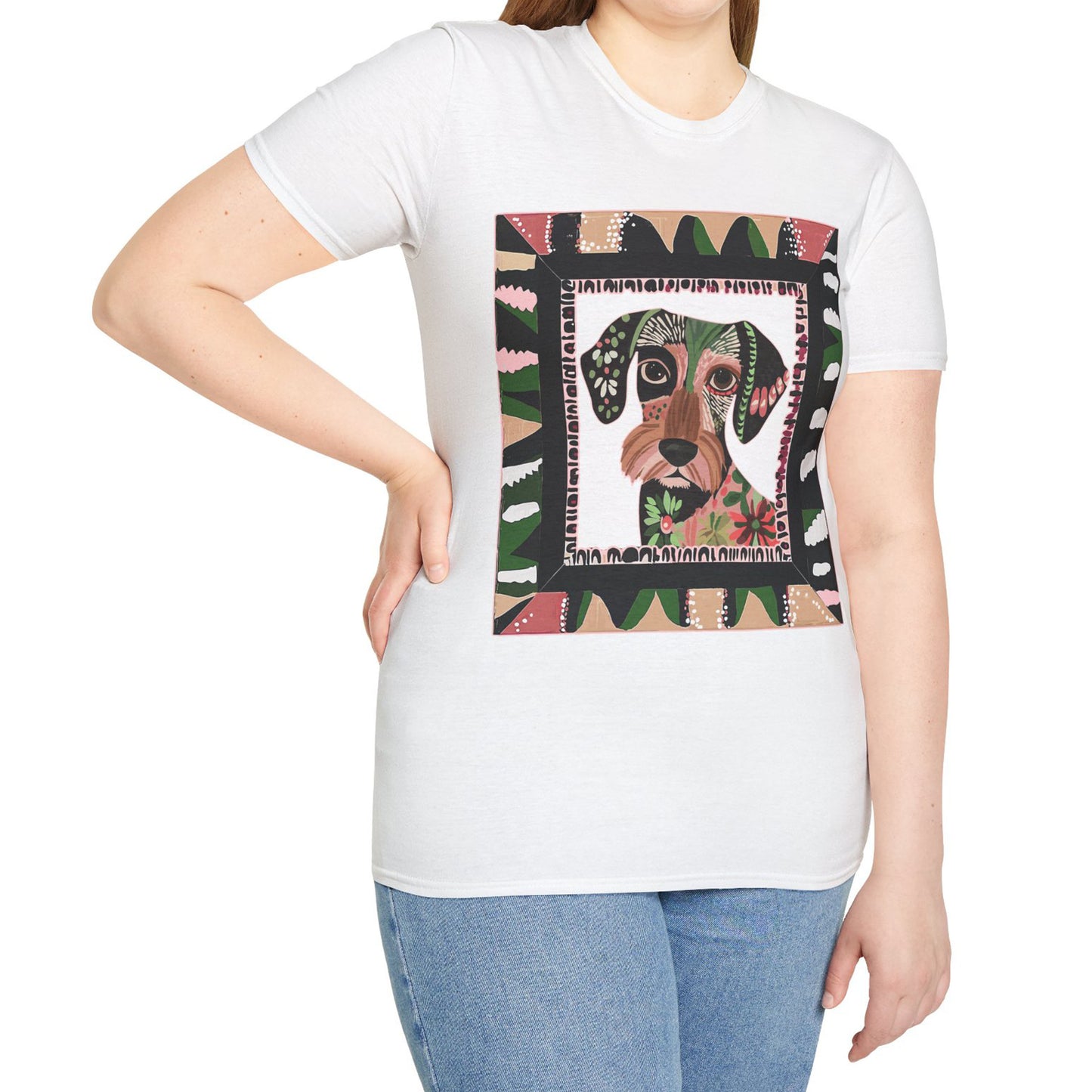 "Wired Wacky Frame" Wire-Haired Dachshund Unisex Softstyle T-Shirt