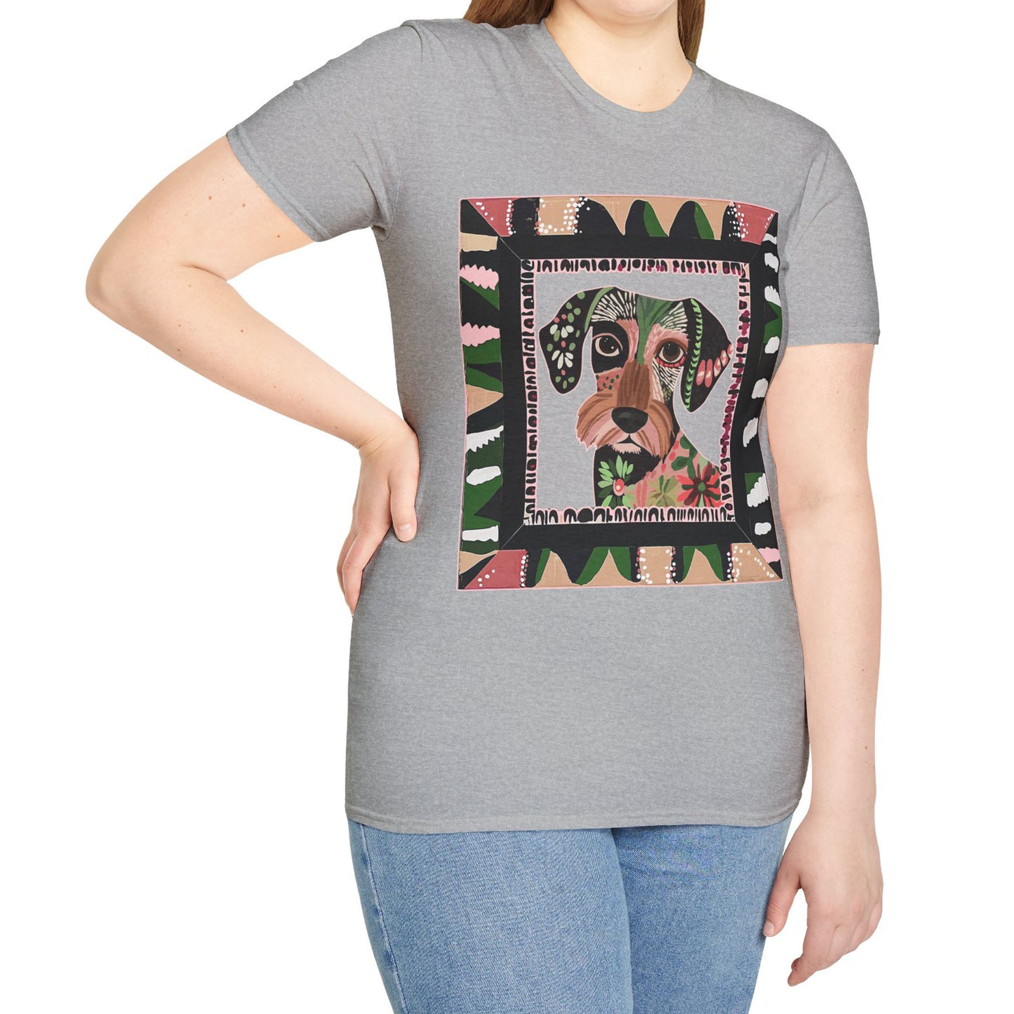 "Wired Wacky Frame" Wire-Haired Dachshund Unisex Softstyle T-Shirt