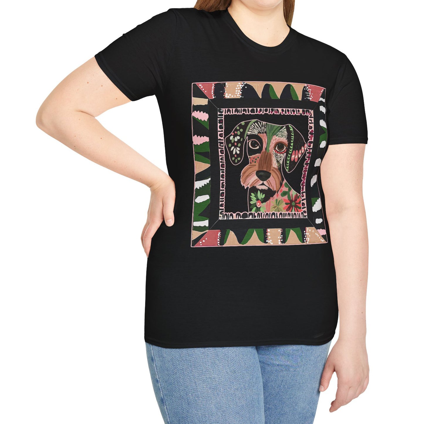 "Wired Wacky Frame" Wire-Haired Dachshund Unisex Softstyle T-Shirt