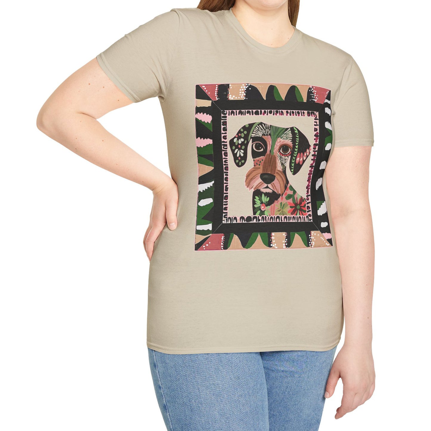 "Wired Wacky Frame" Wire-Haired Dachshund Unisex Softstyle T-Shirt