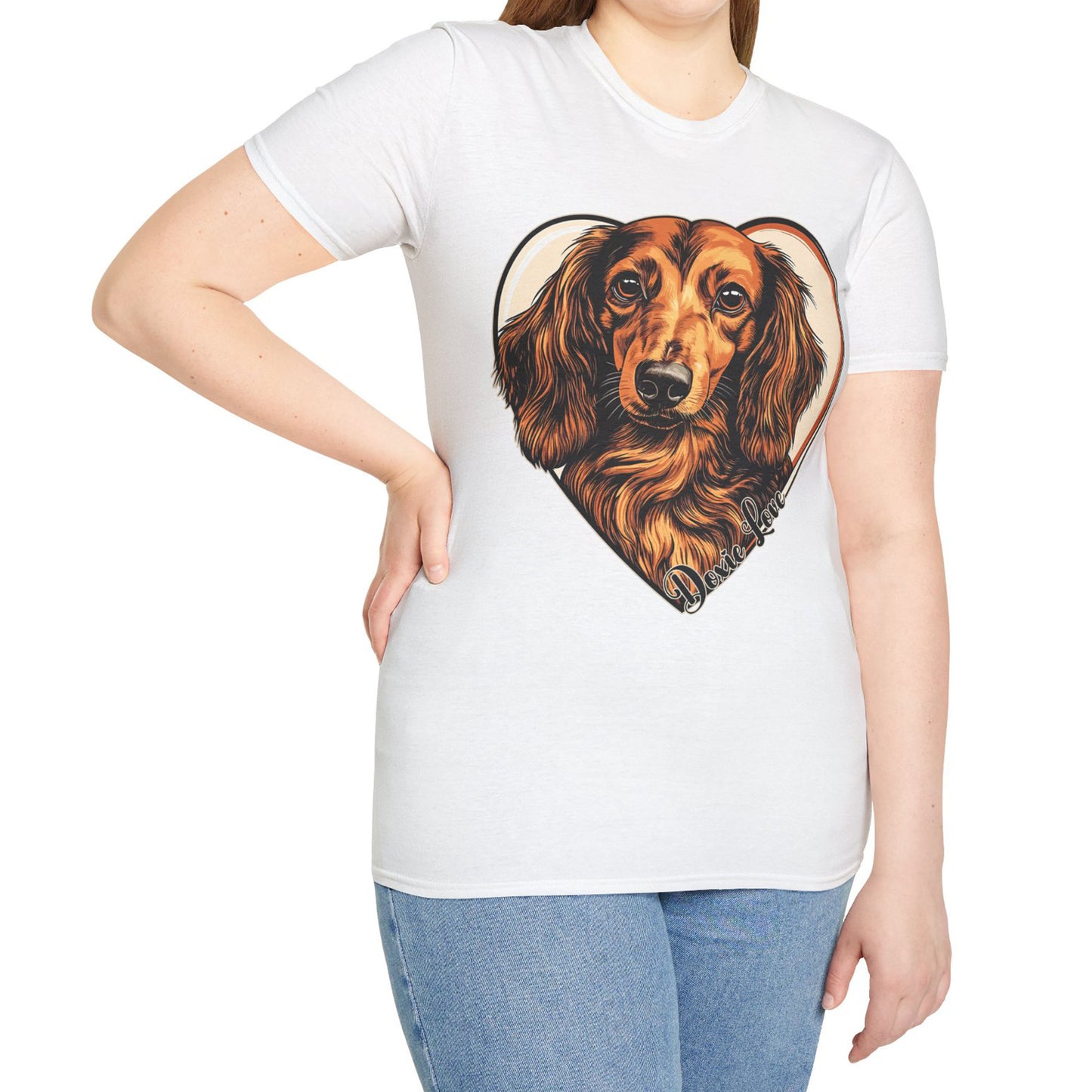 "Doxie Love" Red/Tan Long-Haired Dachshund Unisex Softstyle T-Shirt