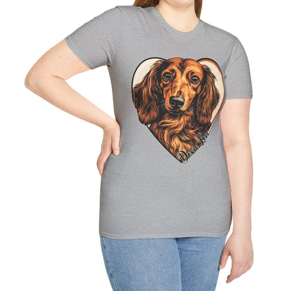 "Doxie Love" Red/Tan Long-Haired Dachshund Unisex Softstyle T-Shirt
