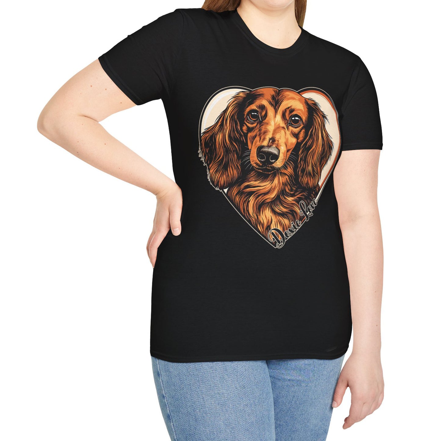 "Doxie Love" Red/Tan Long-Haired Dachshund Unisex Softstyle T-Shirt