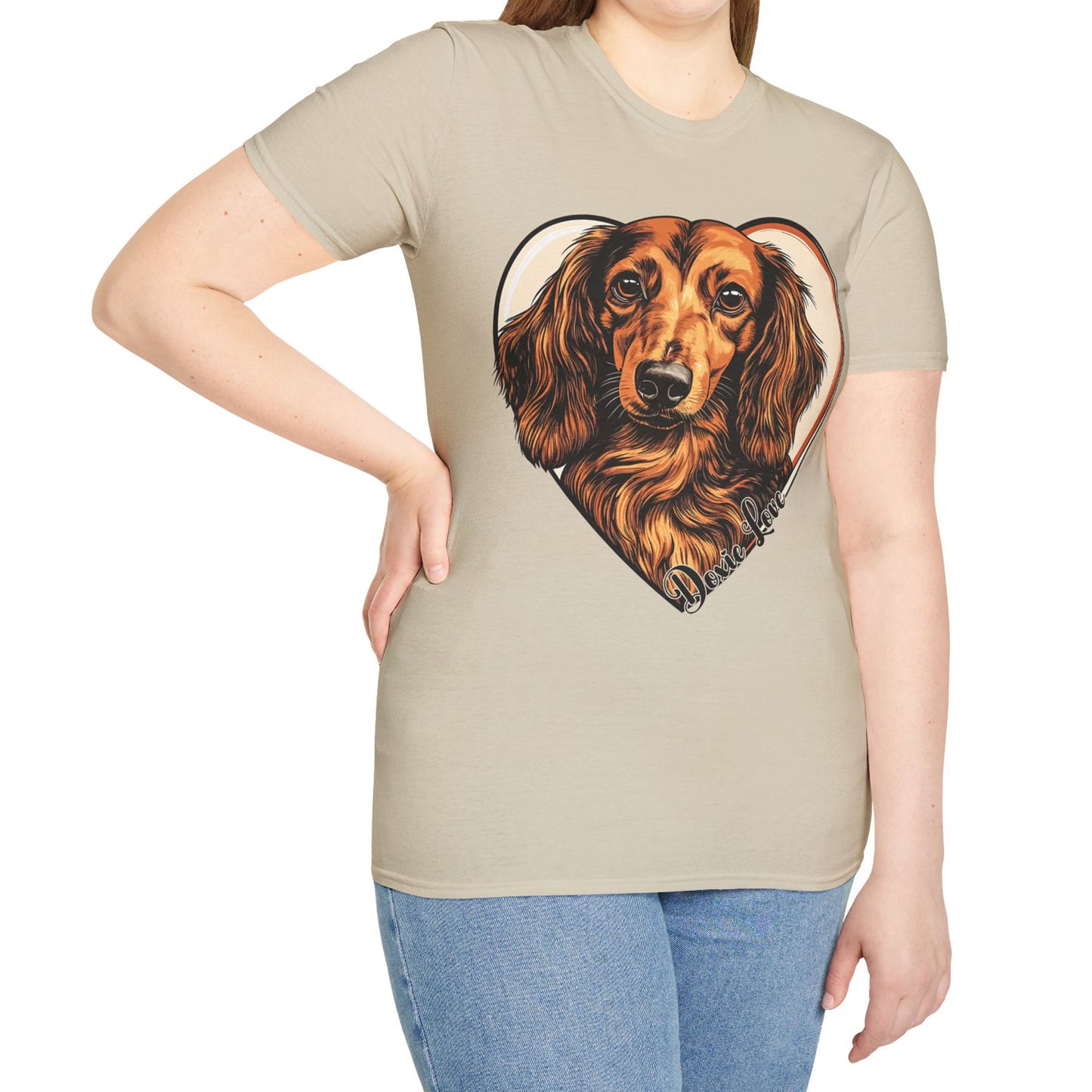 "Doxie Love" Red/Tan Long-Haired Dachshund Unisex Softstyle T-Shirt