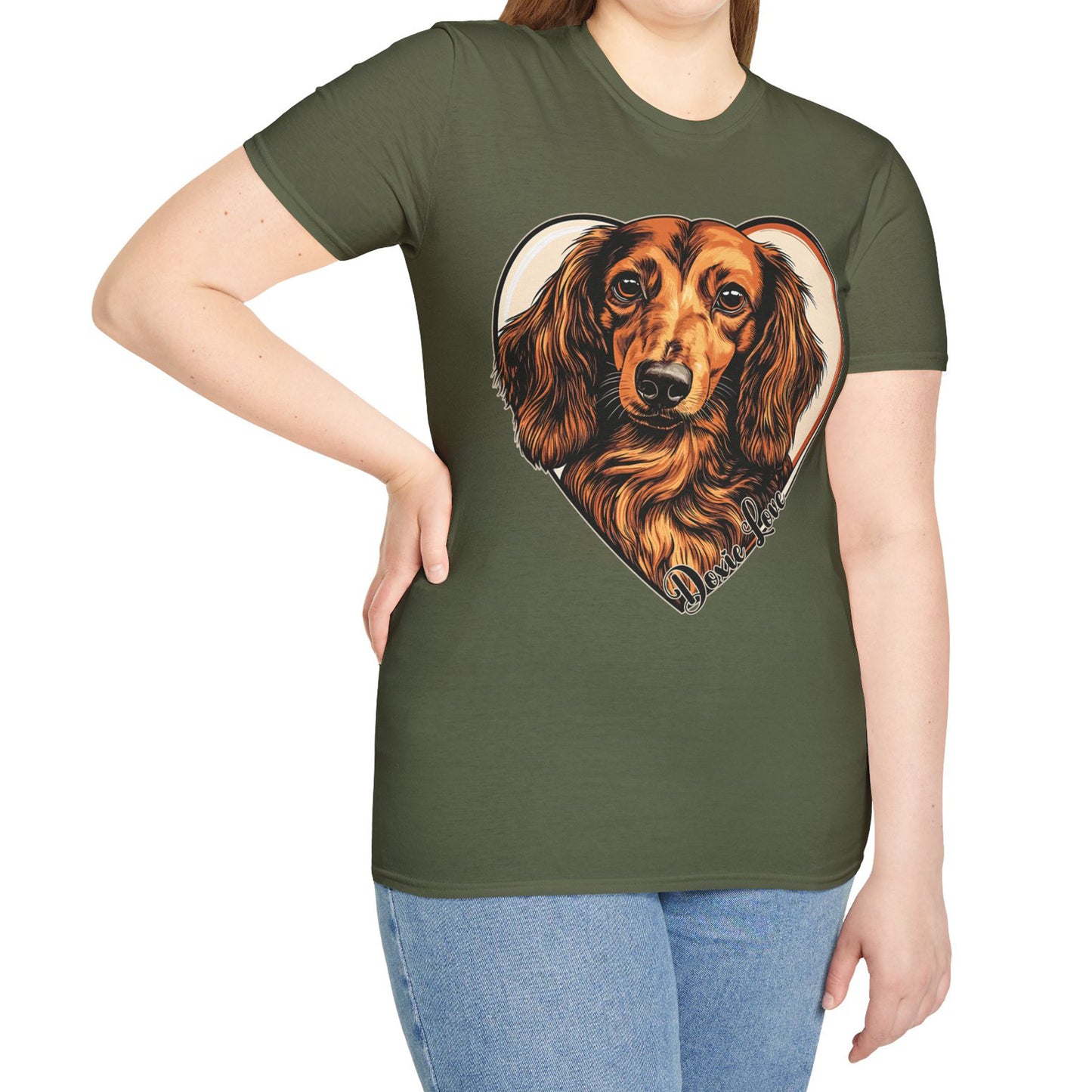 "Doxie Love" Red/Tan Long-Haired Dachshund Unisex Softstyle T-Shirt