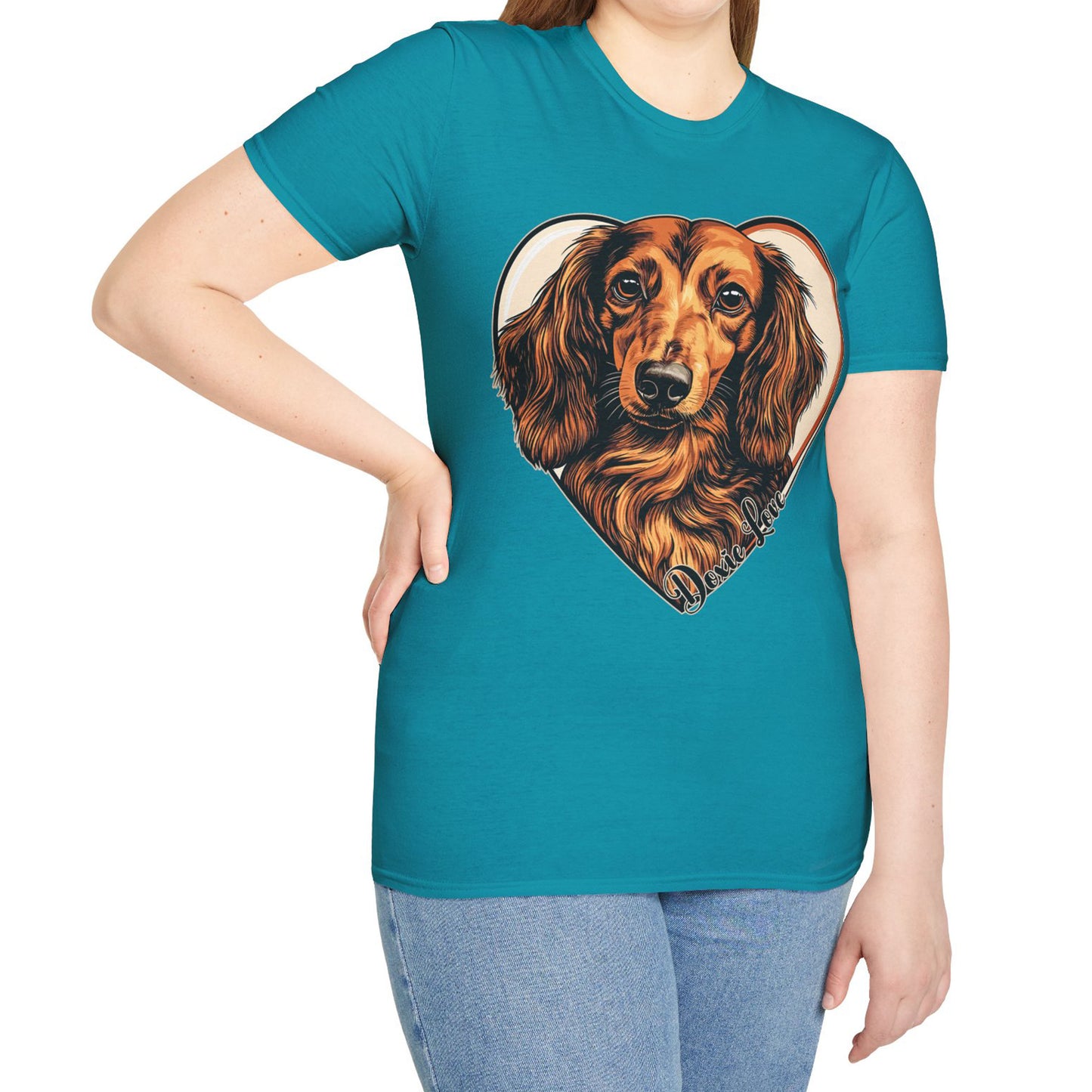 "Doxie Love" Red/Tan Long-Haired Dachshund Unisex Softstyle T-Shirt