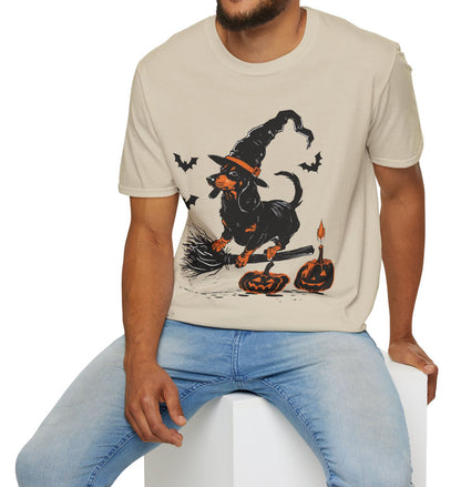 "Hocus Pocus" Black and Tan Smooth-Haired Dachshund Halloween Unisex Softstyle T-Shirt