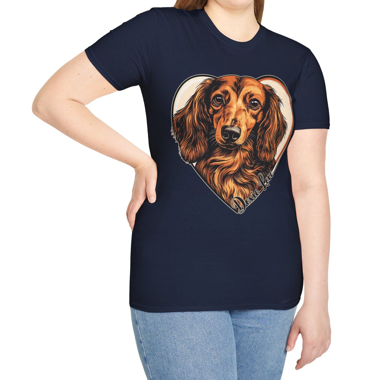 "Doxie Love" Red/Tan Long-Haired Dachshund Unisex Softstyle T-Shirt
