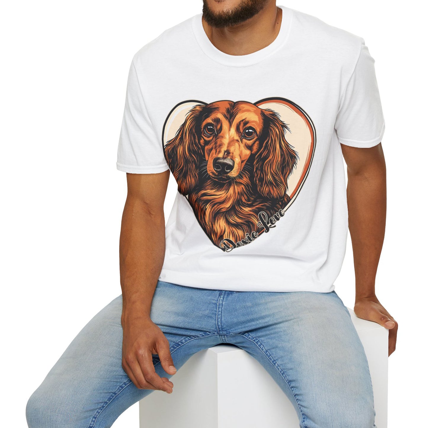 "Doxie Love" Red/Tan Long-Haired Dachshund Unisex Softstyle T-Shirt