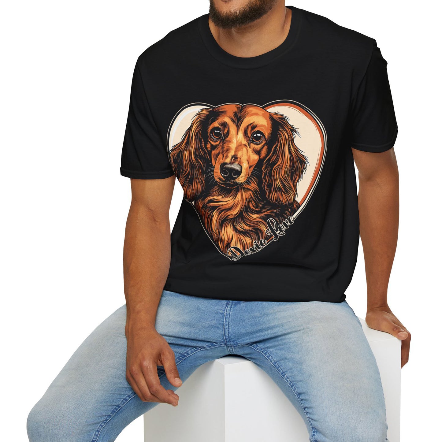 "Doxie Love" Red/Tan Long-Haired Dachshund Unisex Softstyle T-Shirt