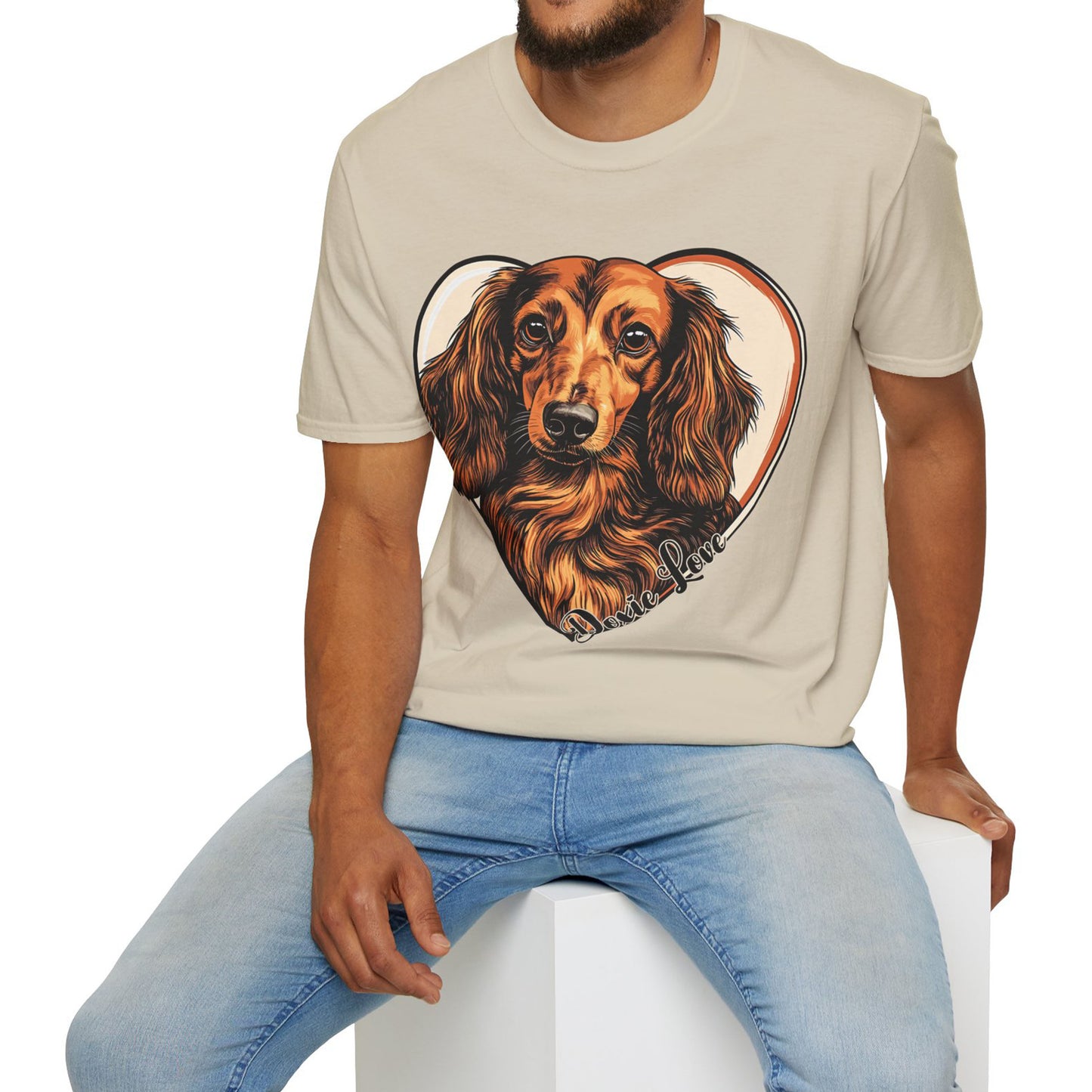 "Doxie Love" Red/Tan Long-Haired Dachshund Unisex Softstyle T-Shirt