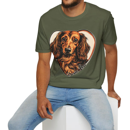 "Doxie Love" Red/Tan Long-Haired Dachshund Unisex Softstyle T-Shirt