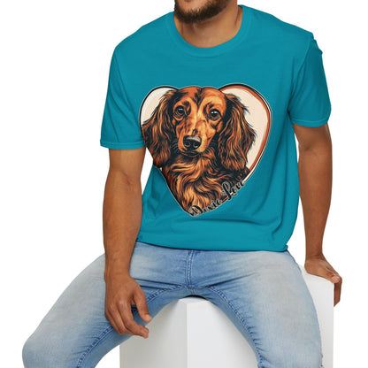 "Doxie Love" Red/Tan Long-Haired Dachshund Unisex Softstyle T-Shirt