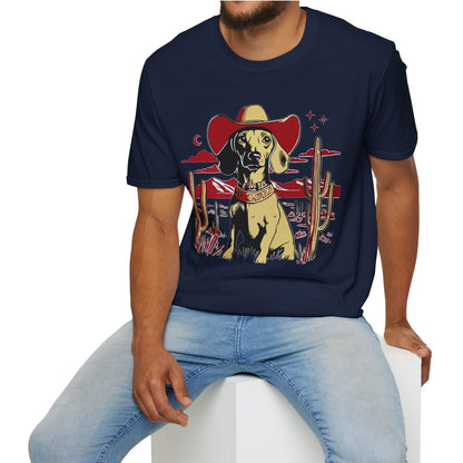 "Space Cowboy" Tan Smooth-Haired Dachshund Unisex Softstyle T-Shirt
