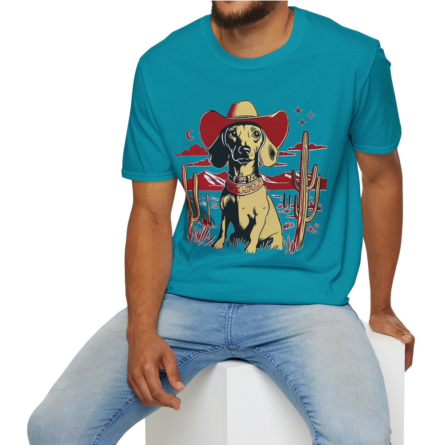 "Space Cowboy" Tan Smooth-Haired Dachshund Unisex Softstyle T-Shirt