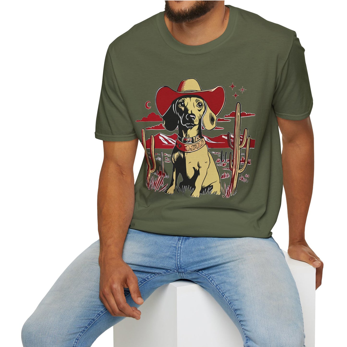 "Space Cowboy" Tan Smooth-Haired Dachshund Unisex Softstyle T-Shirt