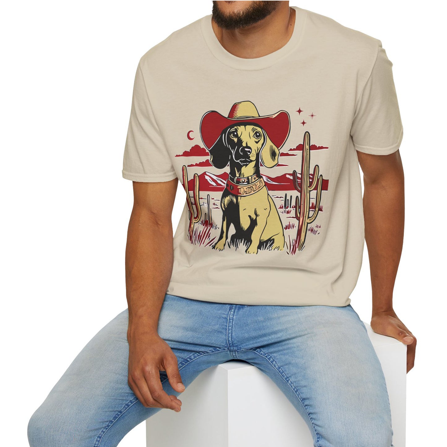 "Space Cowboy" Tan Smooth-Haired Dachshund Unisex Softstyle T-Shirt