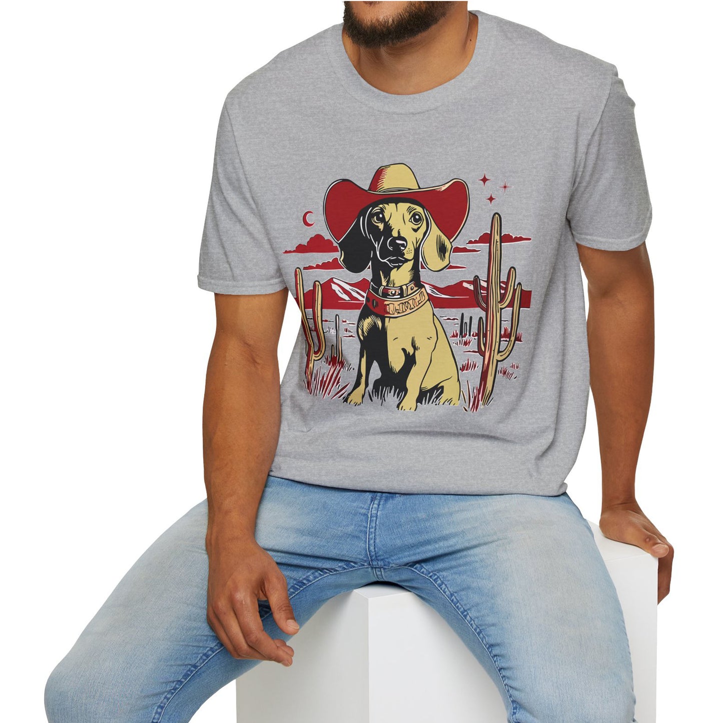 "Space Cowboy" Tan Smooth-Haired Dachshund Unisex Softstyle T-Shirt