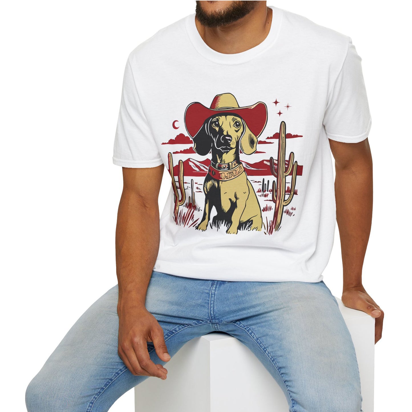 "Space Cowboy" Tan Smooth-Haired Dachshund Unisex Softstyle T-Shirt