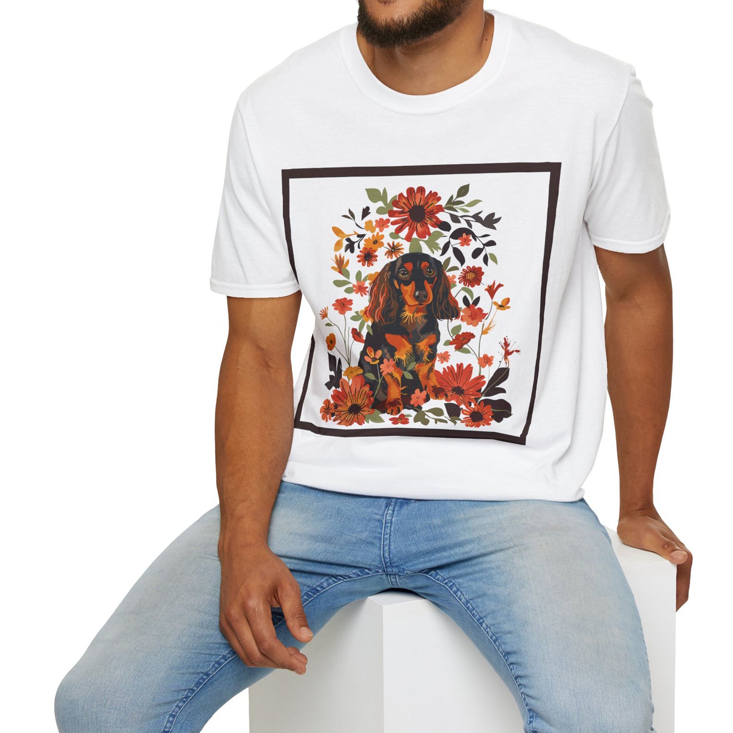 "Bouquet" Black & Tan Long-Haired Dachshund Unisex Softstyle T-Shirt