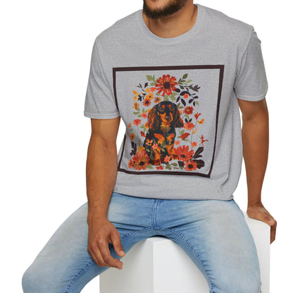"Bouquet" Black & Tan Long-Haired Dachshund Unisex Softstyle T-Shirt