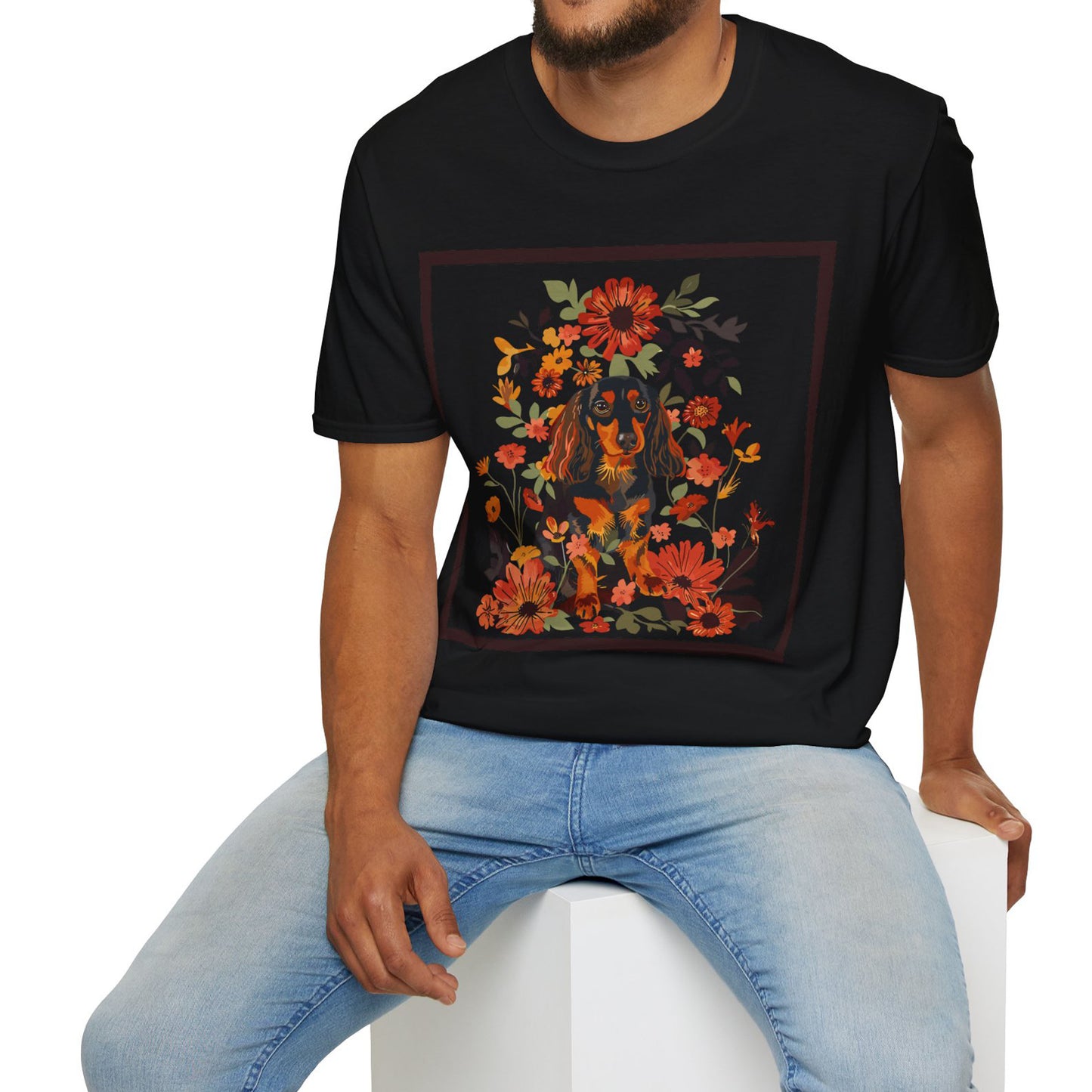 "Bouquet" Black & Tan Long-Haired Dachshund Unisex Softstyle T-Shirt
