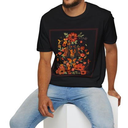 "Bouquet" Black & Tan Long-Haired Dachshund Unisex Softstyle T-Shirt